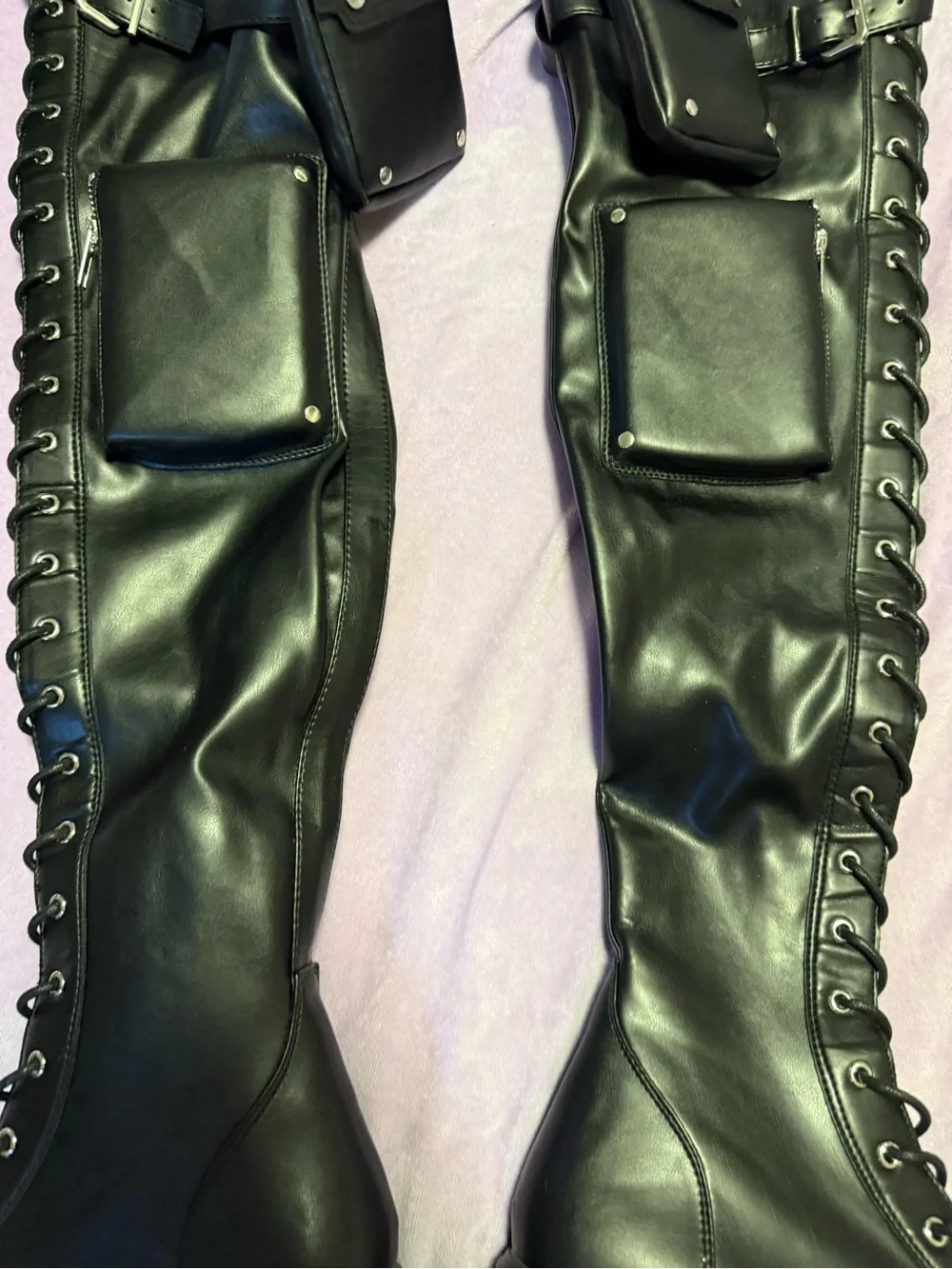 Sexy Black Thigh-High Lace-Up Combat Boots With Pockets Size 8 NWOT
